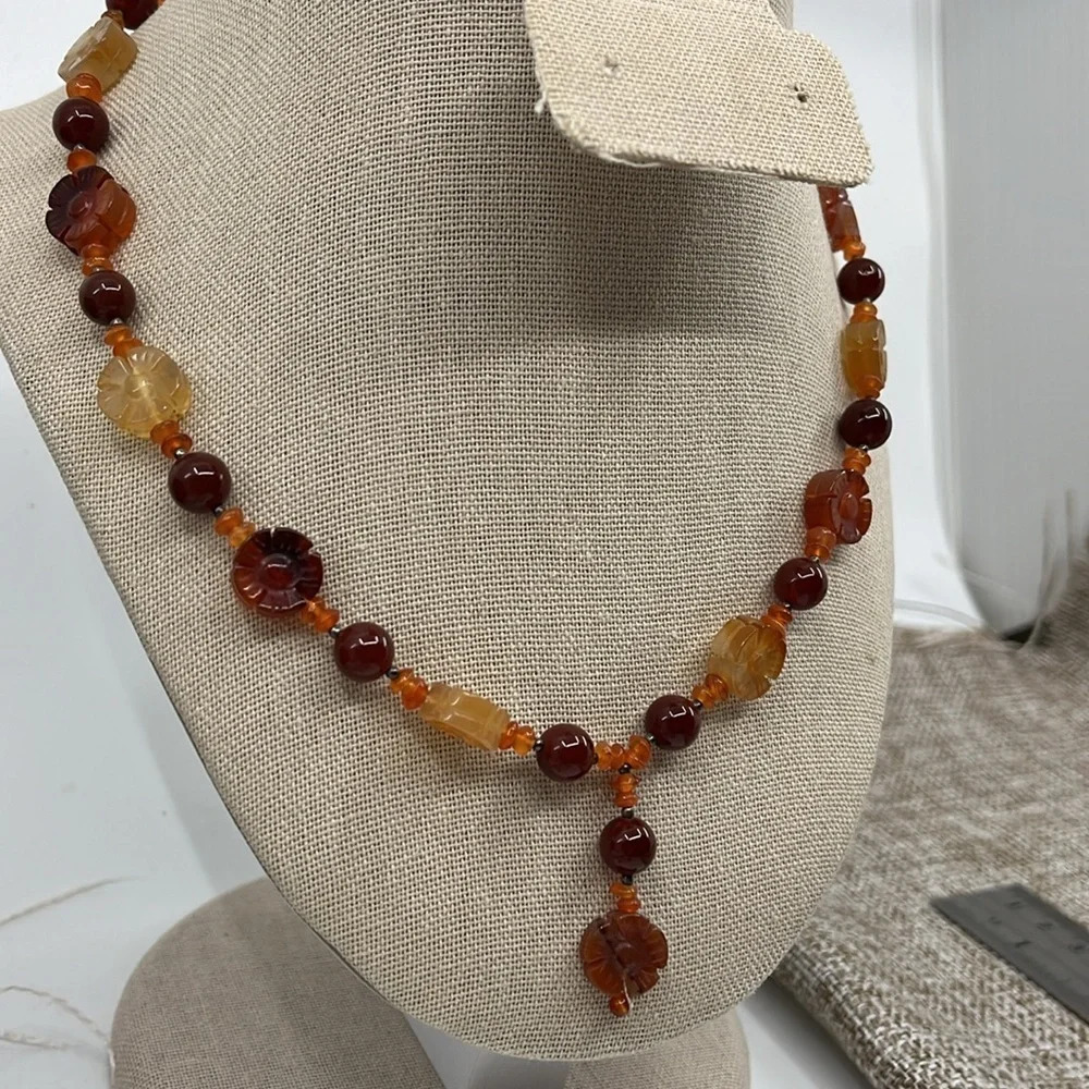 Vintage Amber & Red Jasper Flower Bead Necklace - 925 Silver, Adjustable 16-20" - Picture 4 of 11